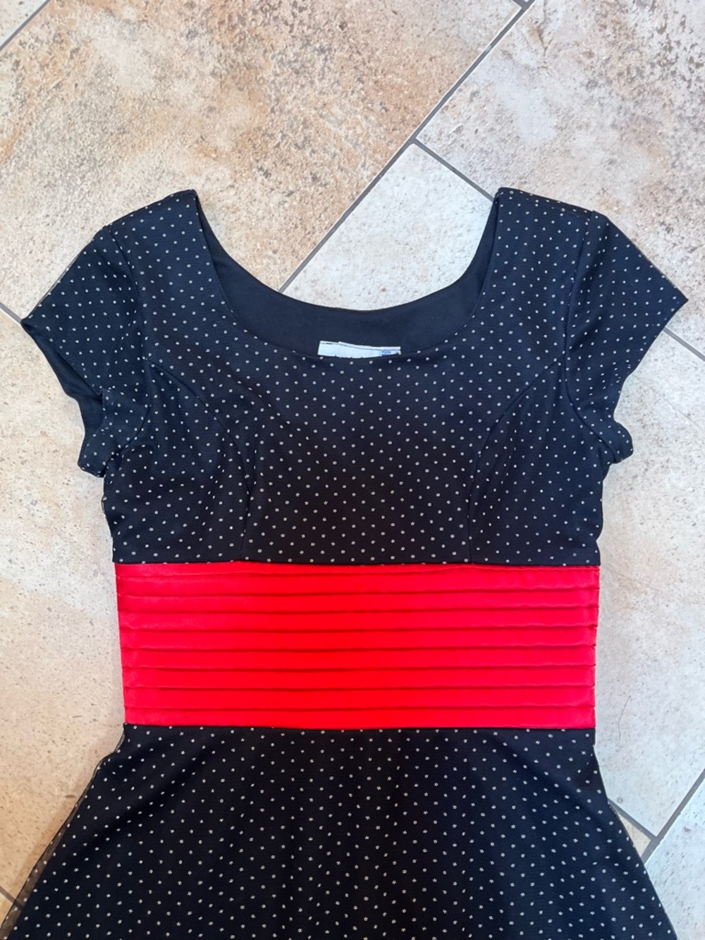 VTG Black Polka Dot Midi Dress with Red Waistband Tafetta - Picture 7 of 7